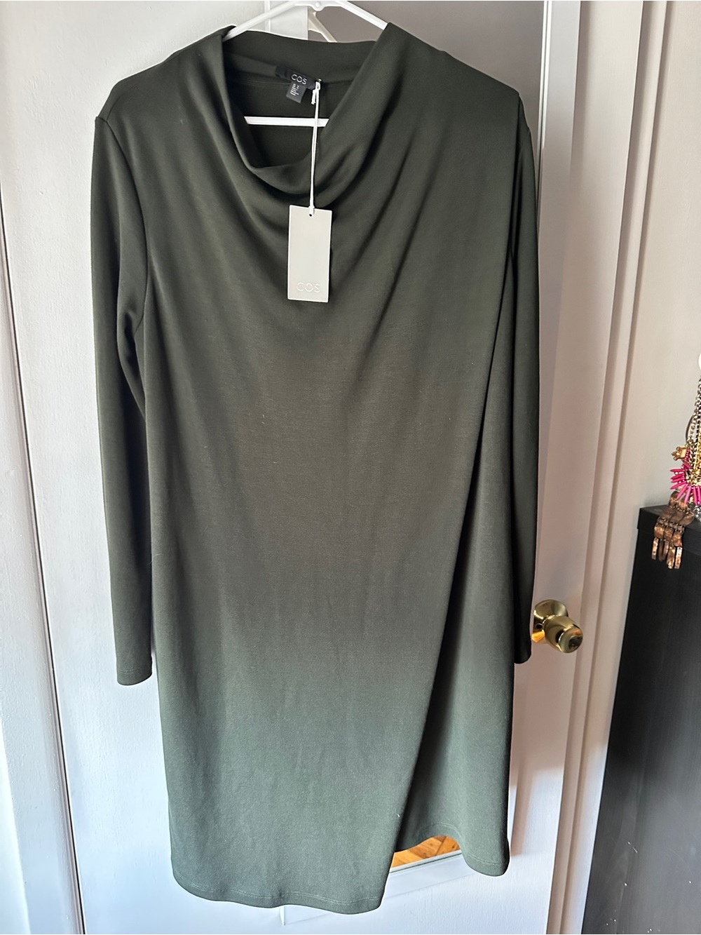 COS Dark Olive Long Sleeve Cowl-Neck Shift Dress